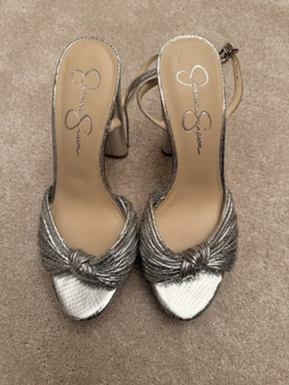 Jessica Simpson Silver Snake Print Strappy Open Toe Ankle Strap Block Heel 41.5
